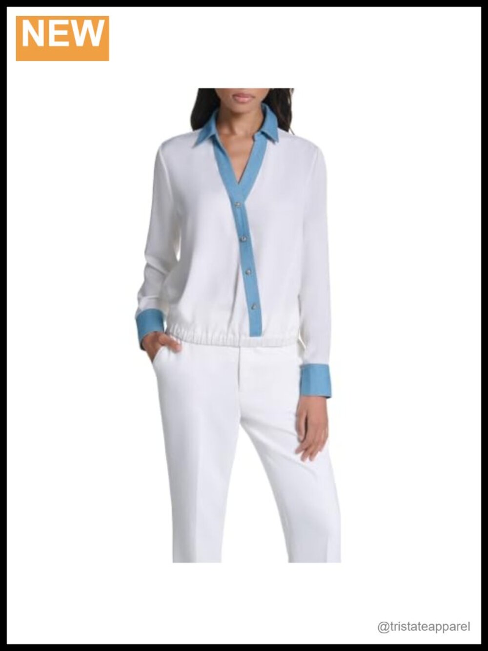 Long Sleeve Surplice Denim-Trim Button-Down Blouse